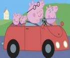Araba ailesiyle birlikte Peppa: Pig Baba Pig, Mumya Pig ve George Domuz, genç kardeşi